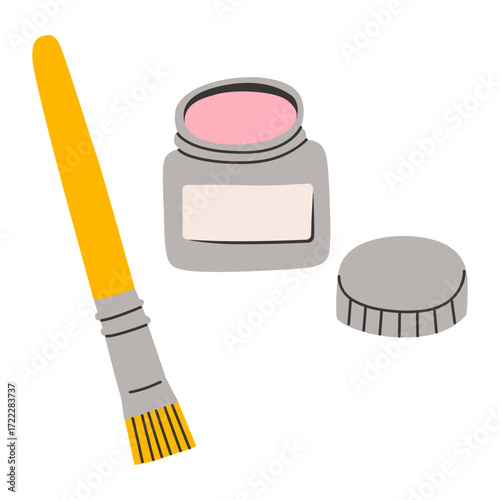 Illustration of a Paintbrush and a Jar of Pink Paint and its Cap for artistic work