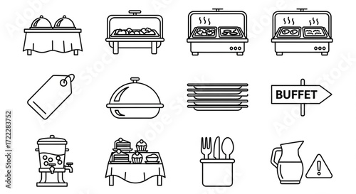 Buffet Line Icons Set Food Service Equipment Outlines