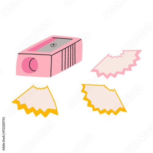 Pink pencil sharpener with shavings illustration on a white background