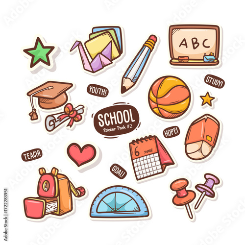 School sticker pack with educational and fun items for students and teachers