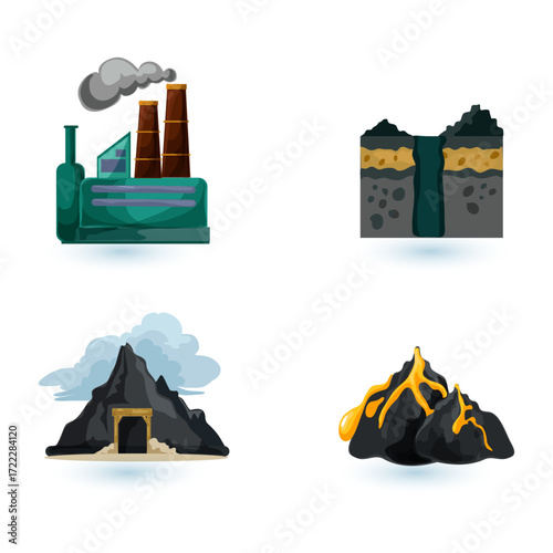 Industrial processing, resource extraction, and geological energy vector icons