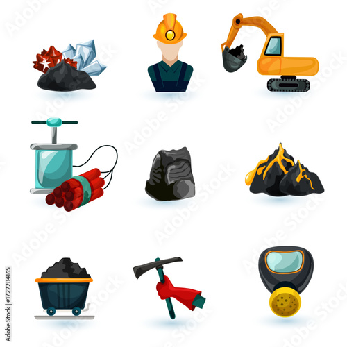 Mining Icons Set Featuring Tools, Equipment, and Resources for the Industry