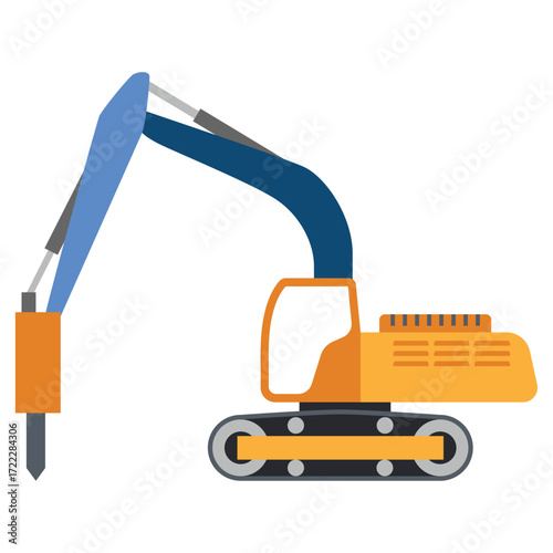 Compact construction vehicle illustration featuring hydraulic hammer for demolition work