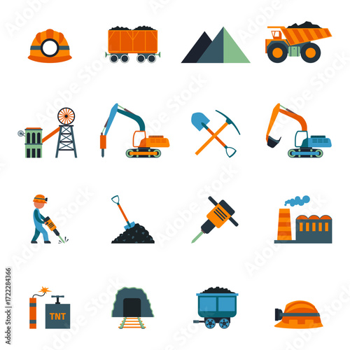 Diverse Collection of Mining Industry Flat Icons Representing Equipment and Processes