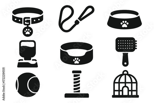 Pet supplies silhouette icon set. featuring collar, leash, bowl, brush, ball, and cage symbols