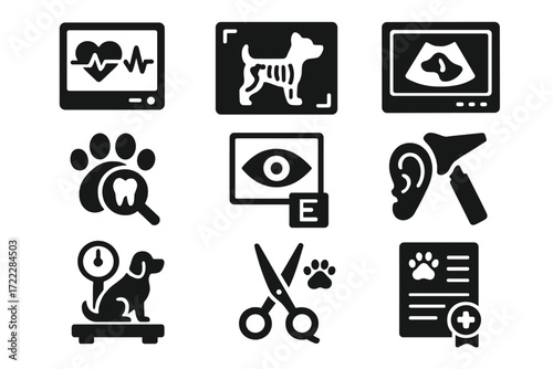 Veterinary care silhouette icon set. featuring heart monitor, x-ray, ultrasound, dental, eye exam, ear check, weight scale, grooming, certificate