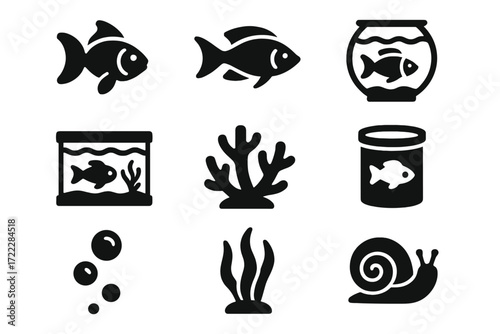 Aquarium silhouette icon set. featuring fish, coral, seaweed, fishbowl, aquarium, bubbles, and snail icons