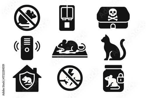 Pest control silhouette icon set. featuring traps, poison, rodent, glue board, and repellent symbols