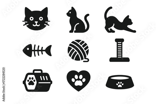 Cat essentials silhouette icons set. featuring cat, fishbone, yarn ball, scratching post, carrier, heart, and bowl