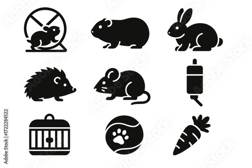 Pet care silhouette icon set. featuring hamster, guinea pig, rabbit, hedgehog, mouse, water bottle, cage, toy, carrot