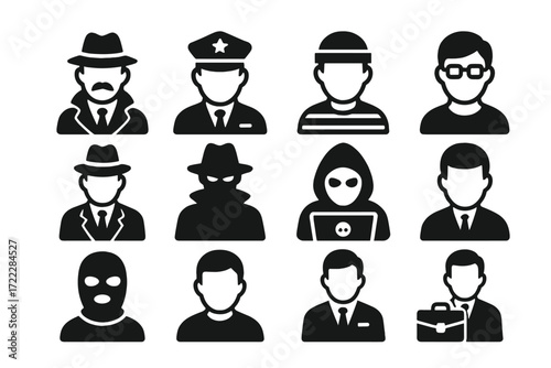 Criminal profiles silhouette icon set. featuring gangster, detective, officer, robber, hacker, and businessman symbols