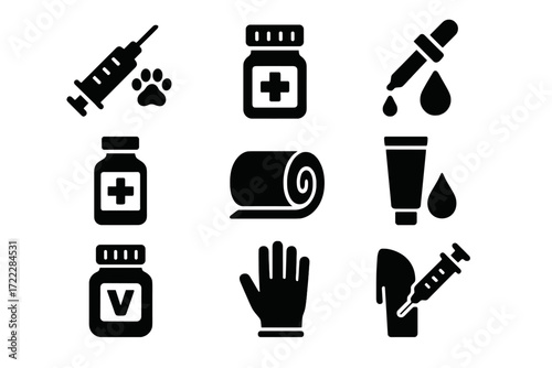 Medical supplies silhouette icon set. featuring syringe, paw print, medicine bottle, dropper, and glove symbols