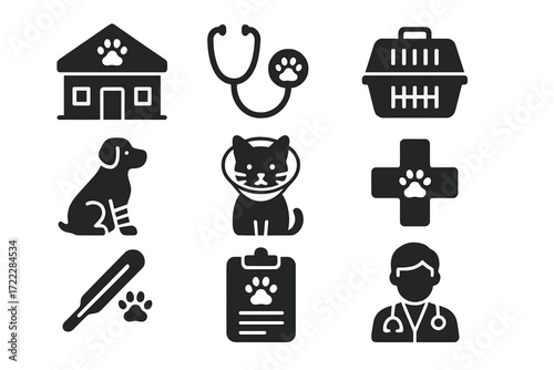 Veterinary silhouette icon set. featuring clinic, stethoscope, pet carrier, dog, cat, thermometer, vet symbols