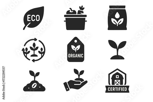 Eco-friendly farming silhouette icon set. featuring eco leaf, compost bin, organic tag, sprout, and certified barn