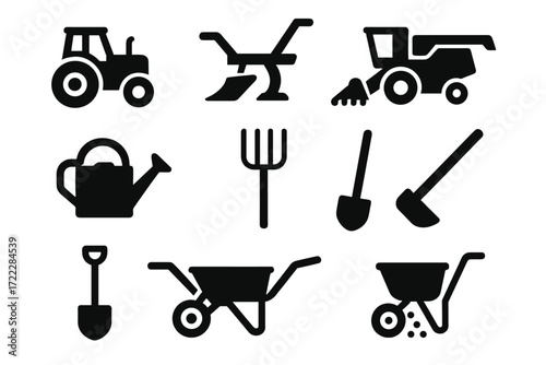 Farming equipment silhouette icon set. featuring tractor, plow, combine, watering can, rake, spade, hoe, wheelbarrow