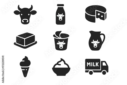 Dairy products silhouette icon set. featuring milk, cheese, butter, yogurt, ice cream, and delivery truck symbols