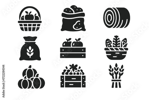 Agriculture silhouette icon set. featuring basket, sack, hay, bag, crate, fruits, vegetables, bundle symbols