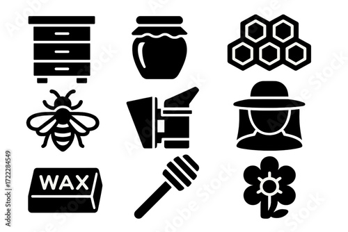 Beekeeping silhouette icons set. featuring honeycomb, jar, hive, bee, wax, smoker, beekeeper, honey dipper, flower