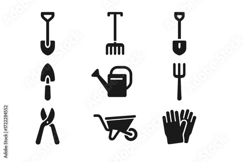 Gardening tools silhouette icon set. featuring shovel, rake, watering can, wheelbarrow, gloves.
