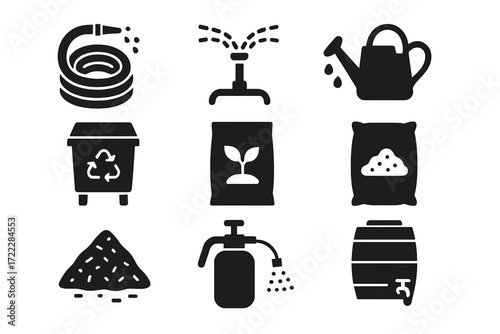 Gardening silhouette icon set. featuring hose, sprinkler, watering can, recycling bin, fertilizer, seeds, soap, barrel