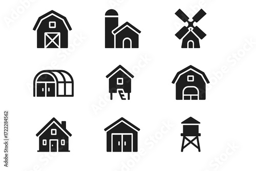 Farm buildings silhouette icon set. featuring barn, silo, windmill, greenhouse, and farmhouse symbols
