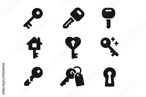 Key silhouette icon set. featuring classic, car, house, heart, magical, and keyhole symbols