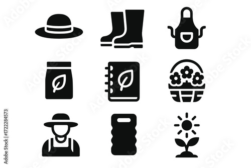 Gardening silhouette icon set. featuring hat, boots, apron, fertilizer, notebook, basket, gardener, knee pad, sunlight, sprout