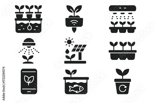 Gardening and farming silhouette icon set. featuring irrigation, solar, sensor, and growth symbols