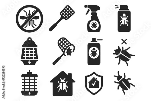 Pest control silhouette icon set. featuring bug spray, swatter, insect trap, bug shield, and pest repellent symbols