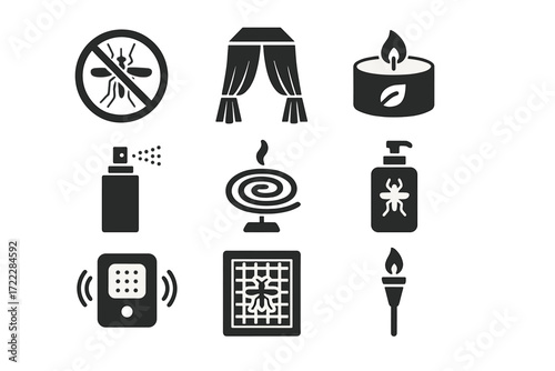 Pest control flat icon set. featuring mosquito, curtains, candle, spray, coil, lotion, speaker, grid, torch symbols