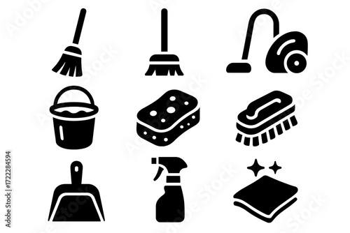 Cleaning tools silhouette icon set. featuring mop, vacuum, bucket, sponge, brush, and spray bottle symbols