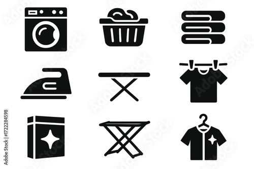 Laundry silhouette icon set. featuring washing machine, basket, towels, iron, ironing board, detergent, drying rack, shirt