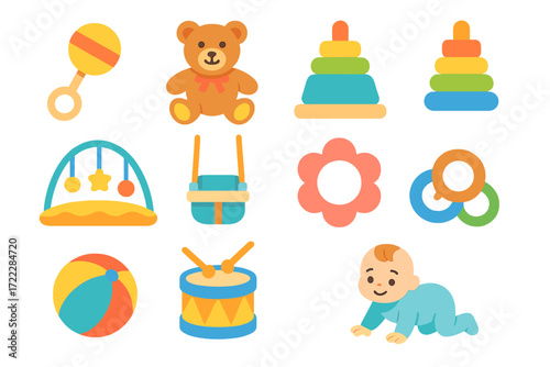 Baby toys flat icon set. featuring rattle, teddy bear, stacking rings, playmat, flower, beach ball, drum, crawling baby