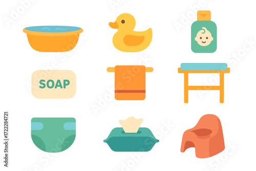Baby care flat icon set. featuring bathtub, rubber duck, shampoo, soap, towel, changing table, diaper, wipes, potty