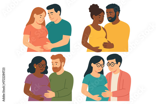 Family diversity flat icon set. featuring pregnancy, couple, partnership, love, prenatal, and maternity symbols