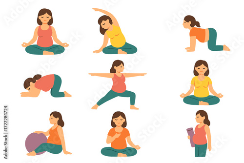Maternity yoga flat icon set. featuring meditation, stretching, warrior pose, and relaxation symbols