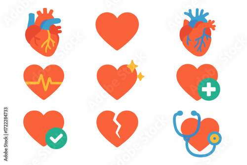 Healthcare flat icon set. featuring heart, stethoscope, heartbeat, medical cross, and circulatory system symbols