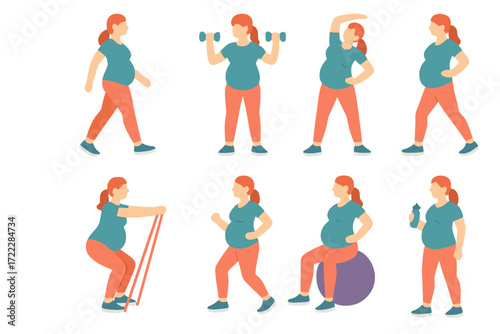 Pregnancy fitness flat icons set. featuring walking, dumbbells, stretching, resistance band, exercise ball, hydration