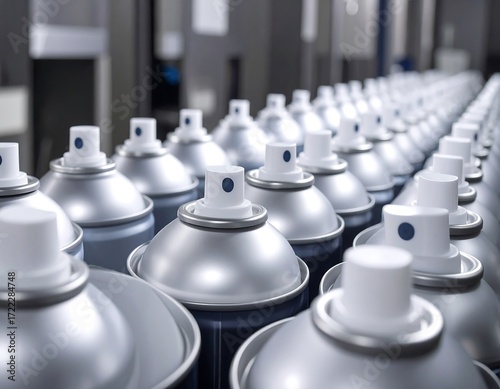Spray cans in a factory production line