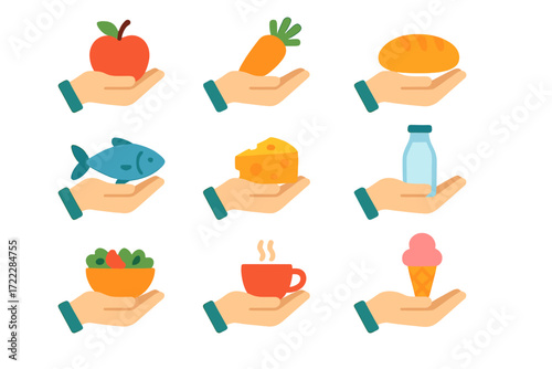 Food donation flat icon set. featuring apple, carrot, bread, fish, cheese, milk, salad, hot drink, and ice cream