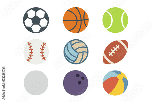 Sports equipment flat icon set. featuring soccer, basketball, tennis, baseball, volleyball, football, golf, bowling, and beach ball