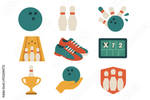 Bowling flat icon set. featuring ball, pins, strike, lane, shoes, scoreboard, trophy, and hand