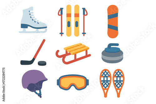 Winter sports glow icon set. featuring ice skate, skis, snowboard, hockey stick, sled, curling stone, helmet, goggles, snowshoes