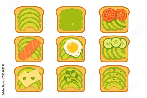 Avocado toast flat icons set. featuring plain, pea spread, tomato, salmon, egg, cucumber, cheese, sprouts, and pepper slices