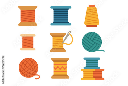 Sewing tools flat icon set. featuring thread, yarn, spool, bobbin, needle, embroidery, knitting, and crocheting symbols