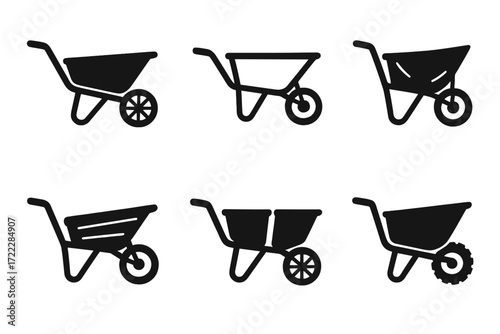 Gardening tools silhouette icon set. featuring wheelbarrow, cart, carriage, trolley, and barrow symbols