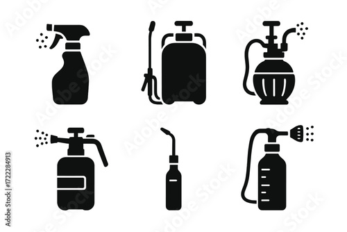 Gardening equipment silhouette icon set. featuring spray bottle, pump sprayer, pressure sprayer, handheld sprayer