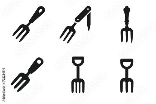 Gardening tools silhouette icon set. featuring various garden forks and trowels symbols