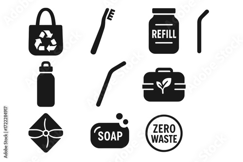 Zero waste silhouette icon set. featuring recycle bag, toothbrush, refill jar, straw, bottle, soap, zero waste