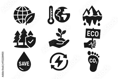 Environment silhouette icon set. featuring globe, thermometer, mountains, trees, hand, droplet, recycle, and eco symbols
